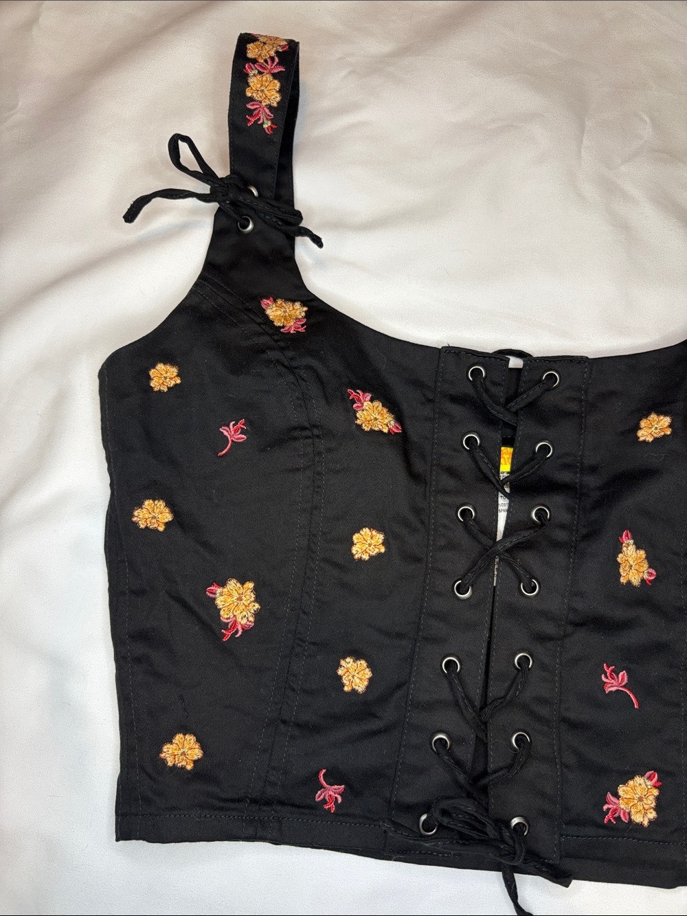 Black Floral Embroidered Lace Up Corset Style Agua Bendita Chanty Dawn Tank M